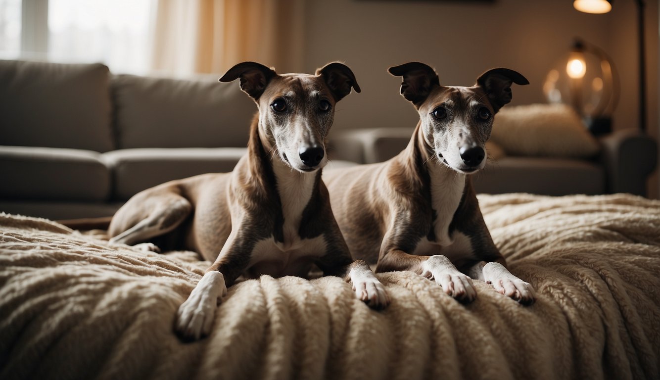 A greyhound lounges on a plush bed, surrounded by soft blankets and pillows. A gentle, warm light fills the room, creating a cozy and comfortable atmosphere