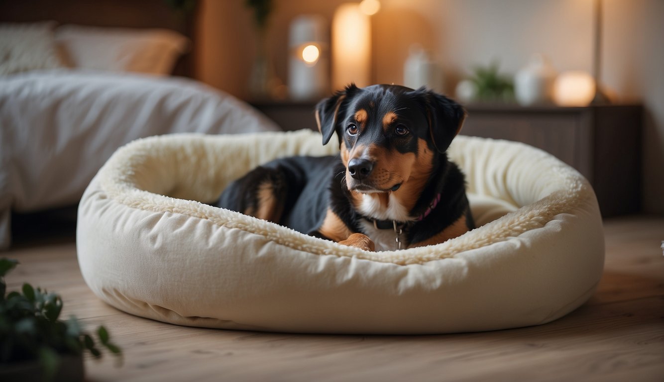 A cozy dog bed with supportive padding and soft blankets, surrounded by gentle lighting and soothing music. A bowl of fresh water and easy access to a designated potty area