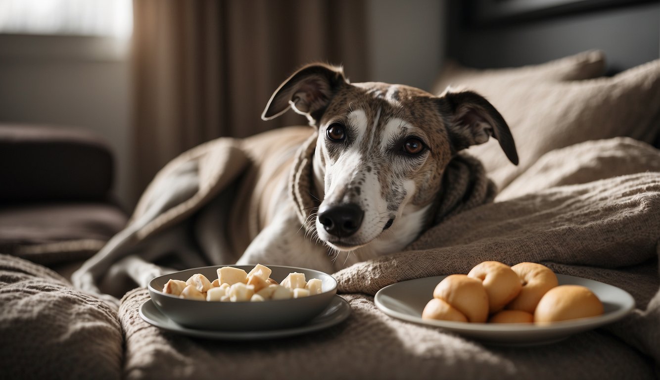 A greyhound lounges comfortably on a cushioned bed, surrounded by soft blankets and elevated food and water dishes. A gentle slope provides easy access to a cozy den for rest