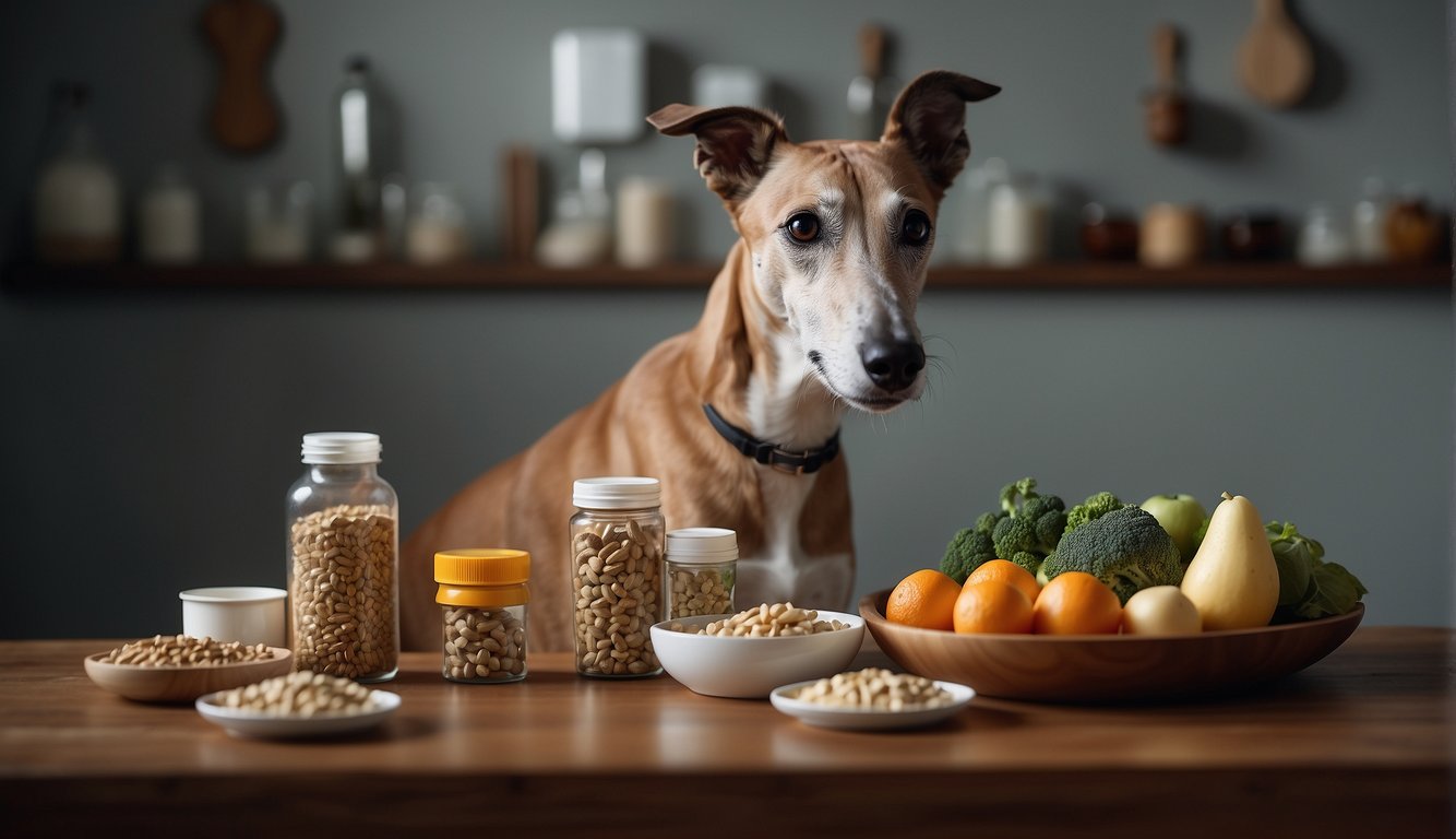 A greyhound dog eats a balanced diet with joint supplements, while a food bowl and medication are nearby. A chart of nutrition essentials hangs on the wall