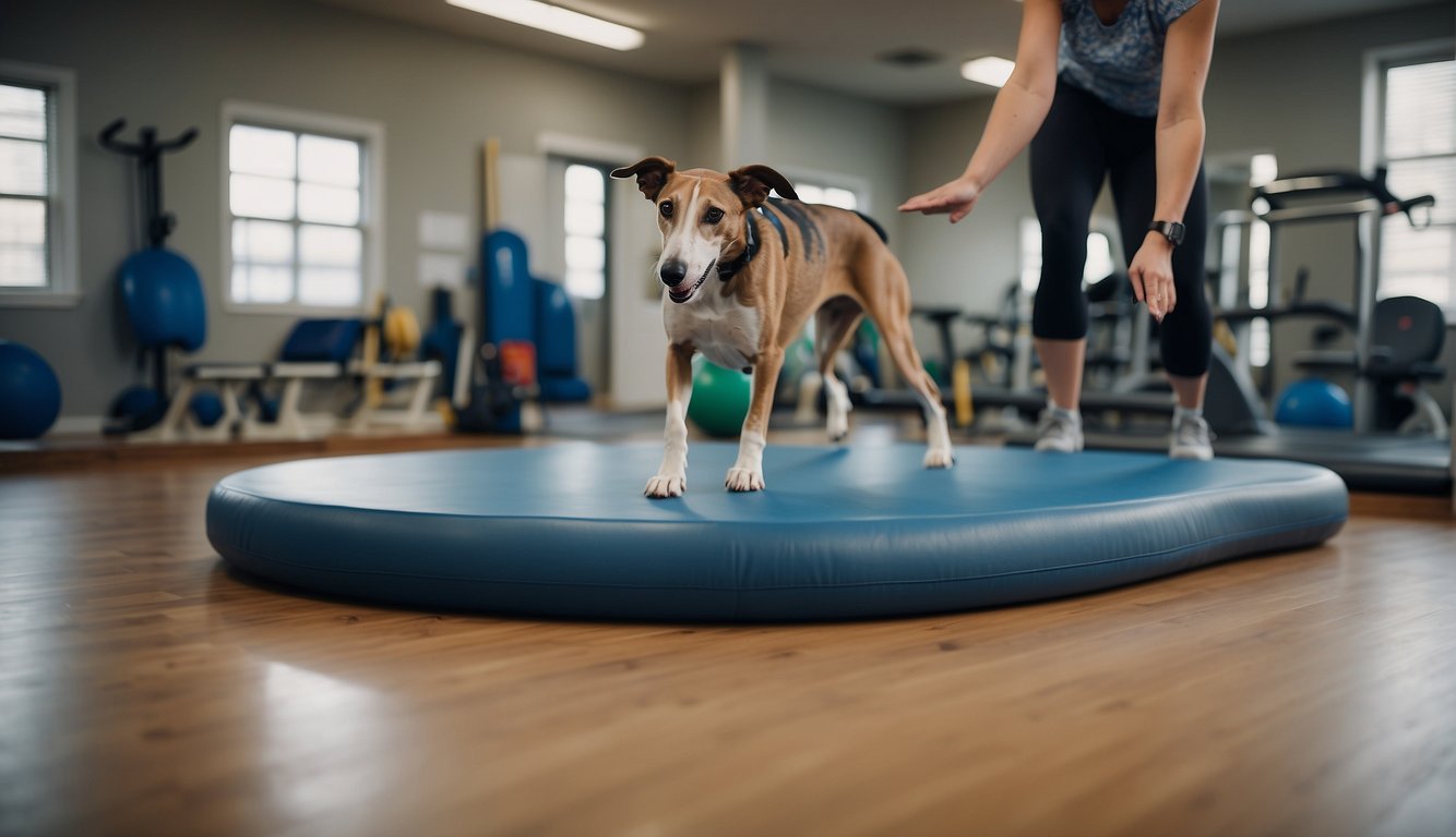 A greyhound exercises on a soft cushioned surface, while a physical therapist guides its movements. A variety of exercise equipment and therapy tools are visible in the background