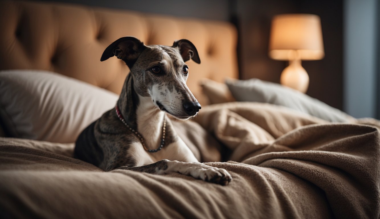 A greyhound lies comfortably on a plush bed, surrounded by supportive pillows and blankets. A warm, soothing light fills the room, creating a calming atmosphere. A variety of alternative therapies and support tools are visible, such as supplements, massage tools, and