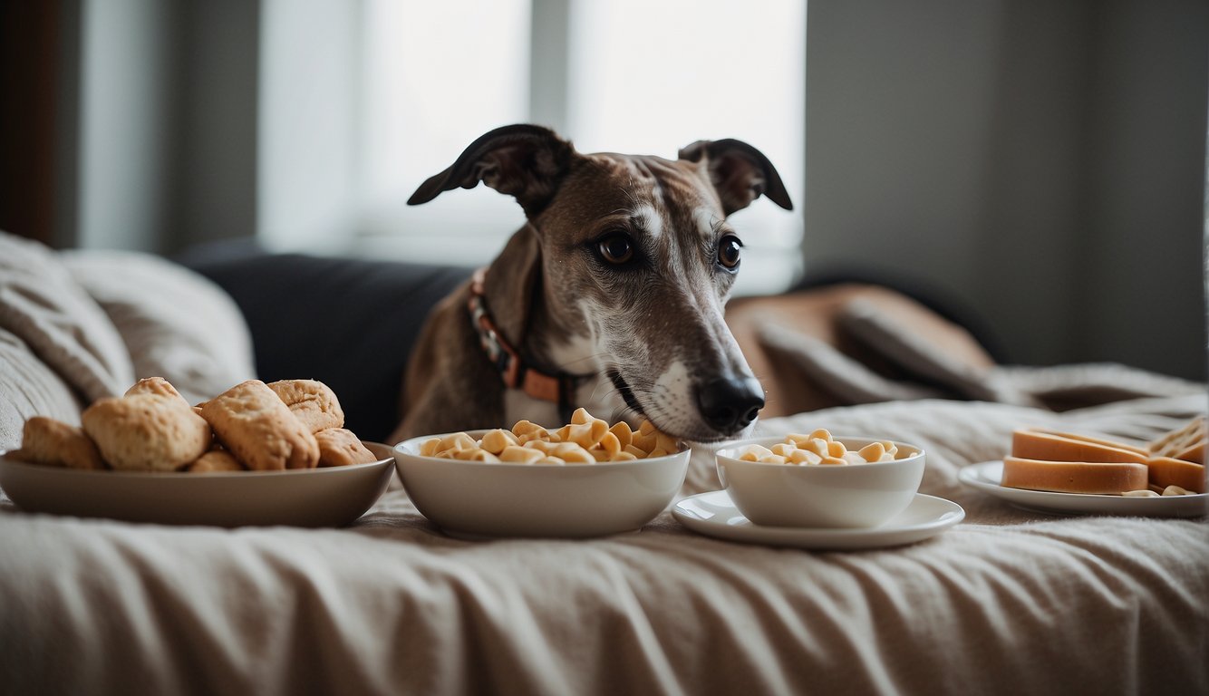 A greyhound lounges on a plush, supportive bed, surrounded by soft blankets and elevated food and water dishes for easy access. A gentle, supportive harness is nearby for walks