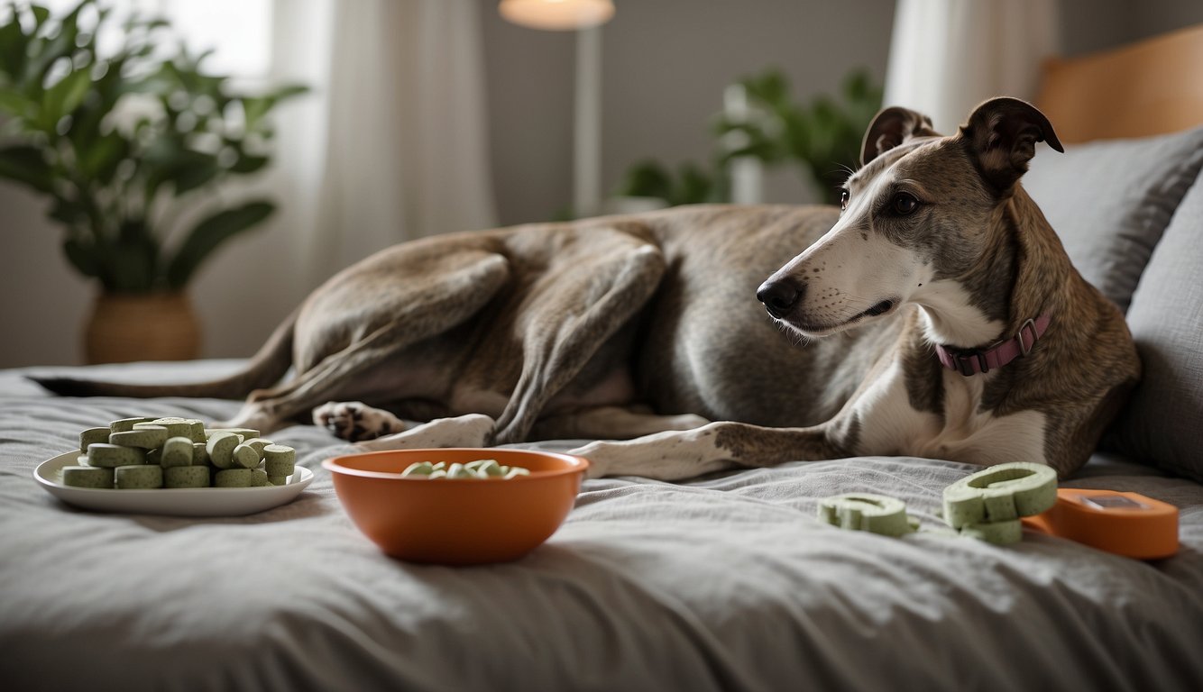 A greyhound dog comfortably resting on a soft, supportive bed with a bowl of joint supplements nearby, while a caregiver gently massages the dog's legs