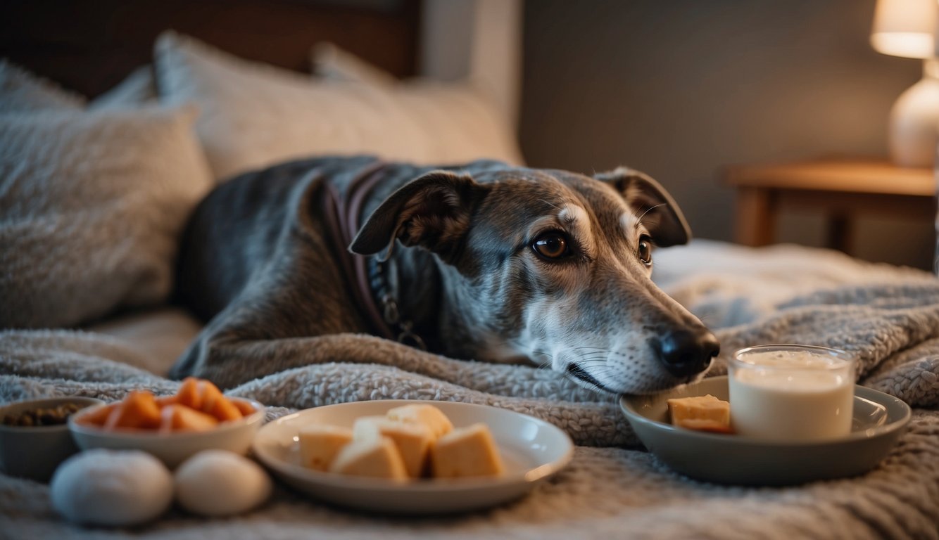 A greyhound lounges on a plush bed, surrounded by cozy blankets and pillows. A bowl of water and a plate of nutritious food sit nearby, along with a bottle of joint supplements