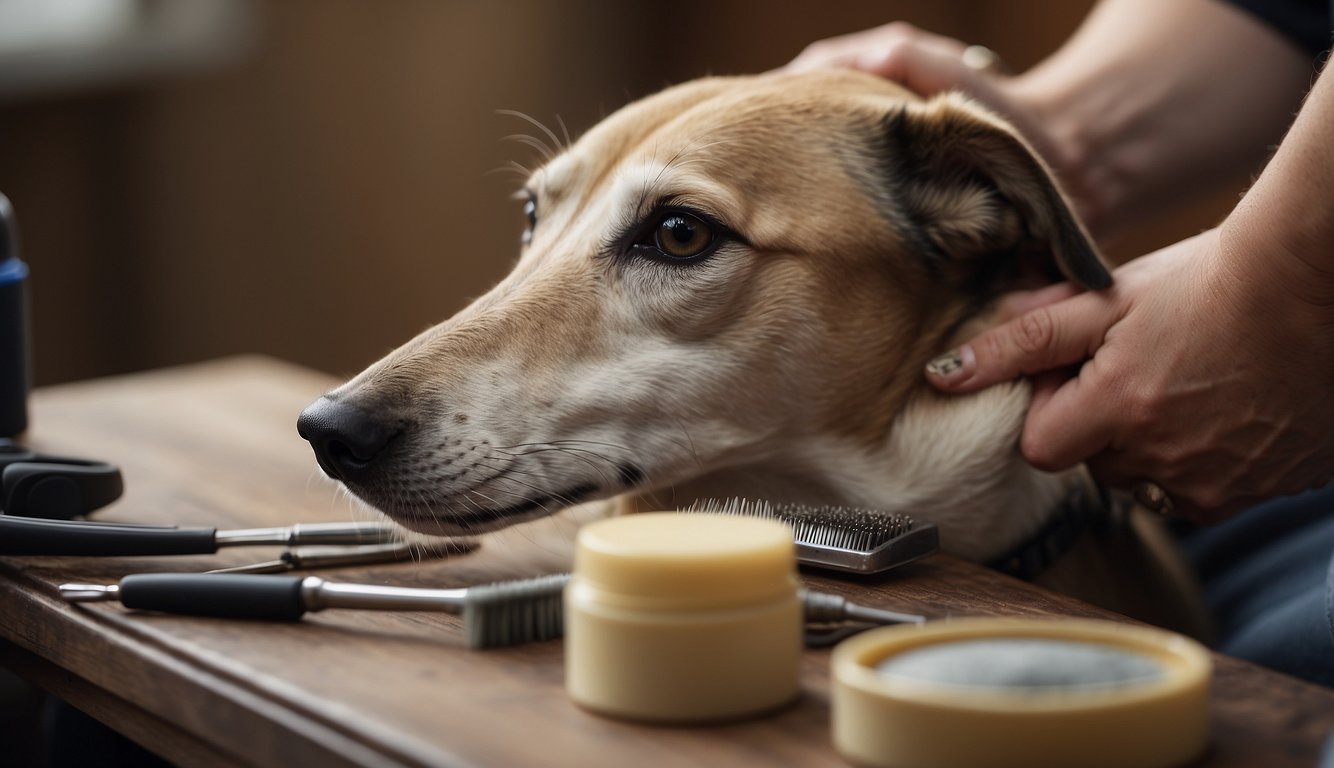 A greyhound's paw being gently cleaned and groomed with a soft brush and trimmed nails, surrounded by grooming tools and a peaceful, relaxed atmosphere