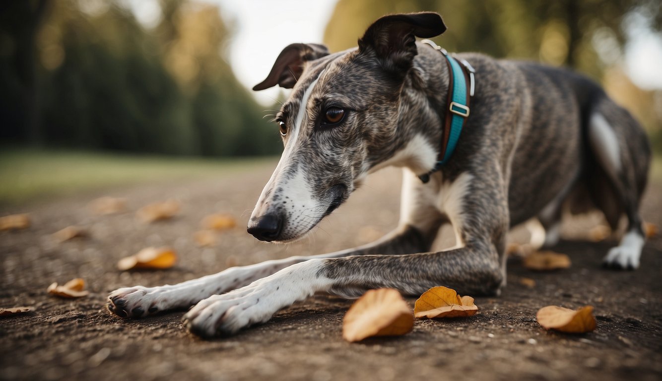 A greyhound with a limp, licking or chewing its paws, or avoiding walking on hard surfaces. Regular paw inspections and gentle cleaning