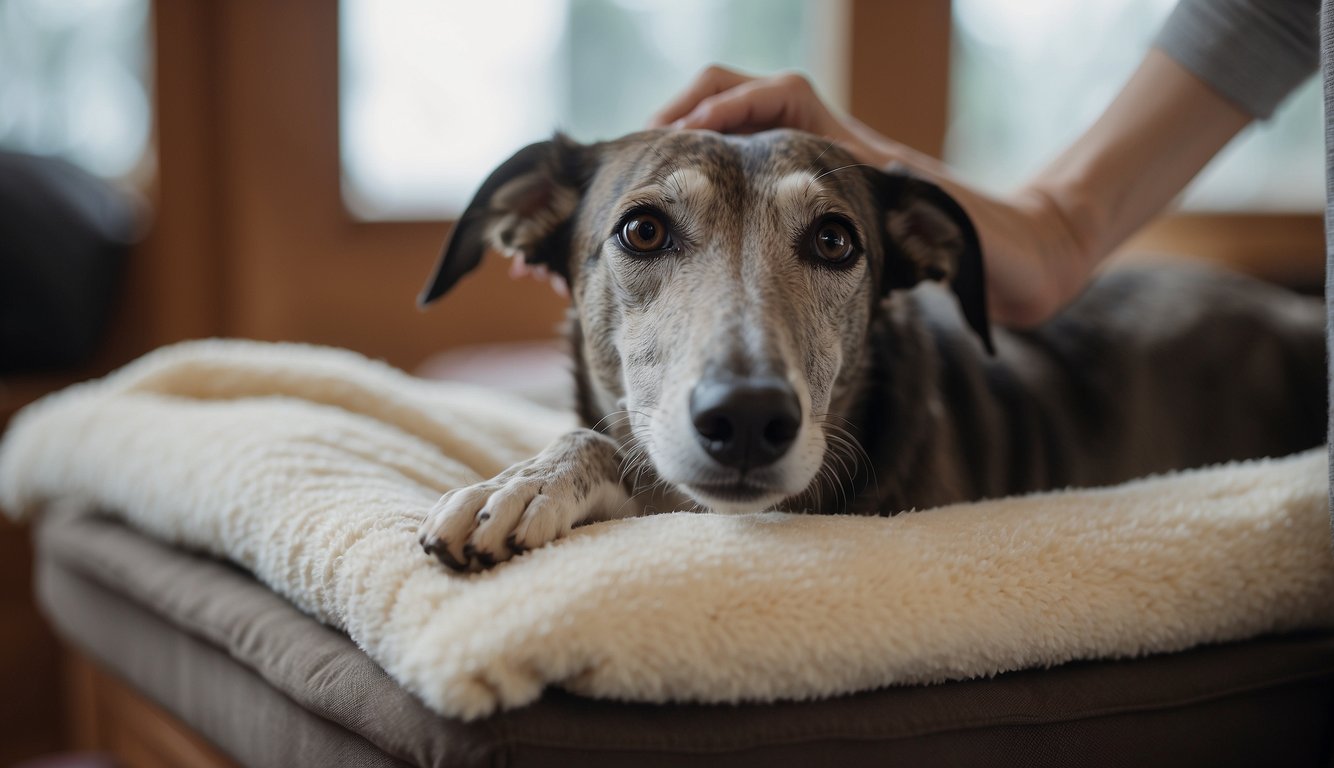 A greyhound's paws are being gently cleaned and moisturized with specialized products, while a soft cushion or blanket provides comfort and support for the dog during the process