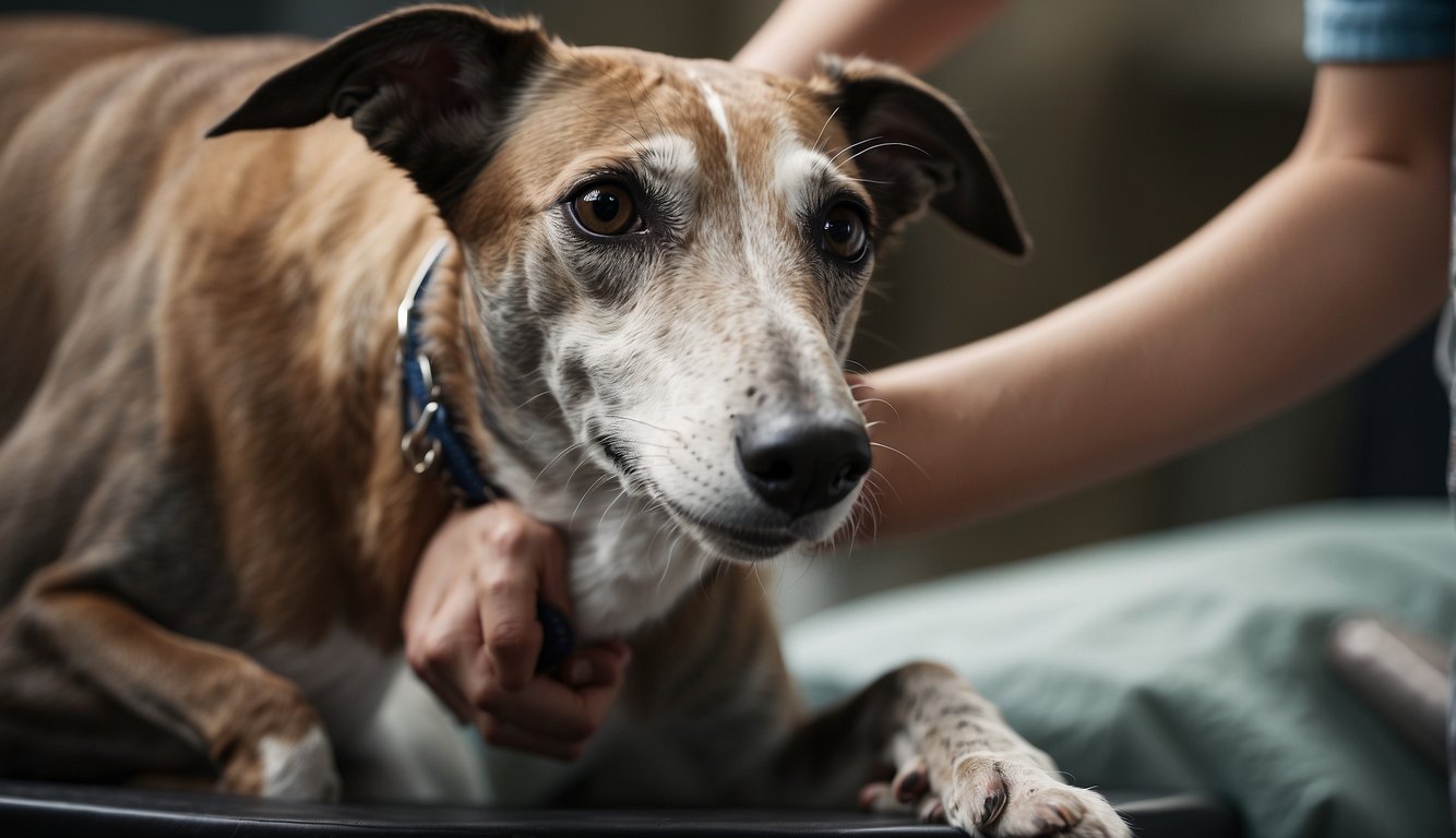 A greyhound's paws being gently cleaned and inspected, nails trimmed, and moisturizing balm applied in a quiet, well-lit grooming area