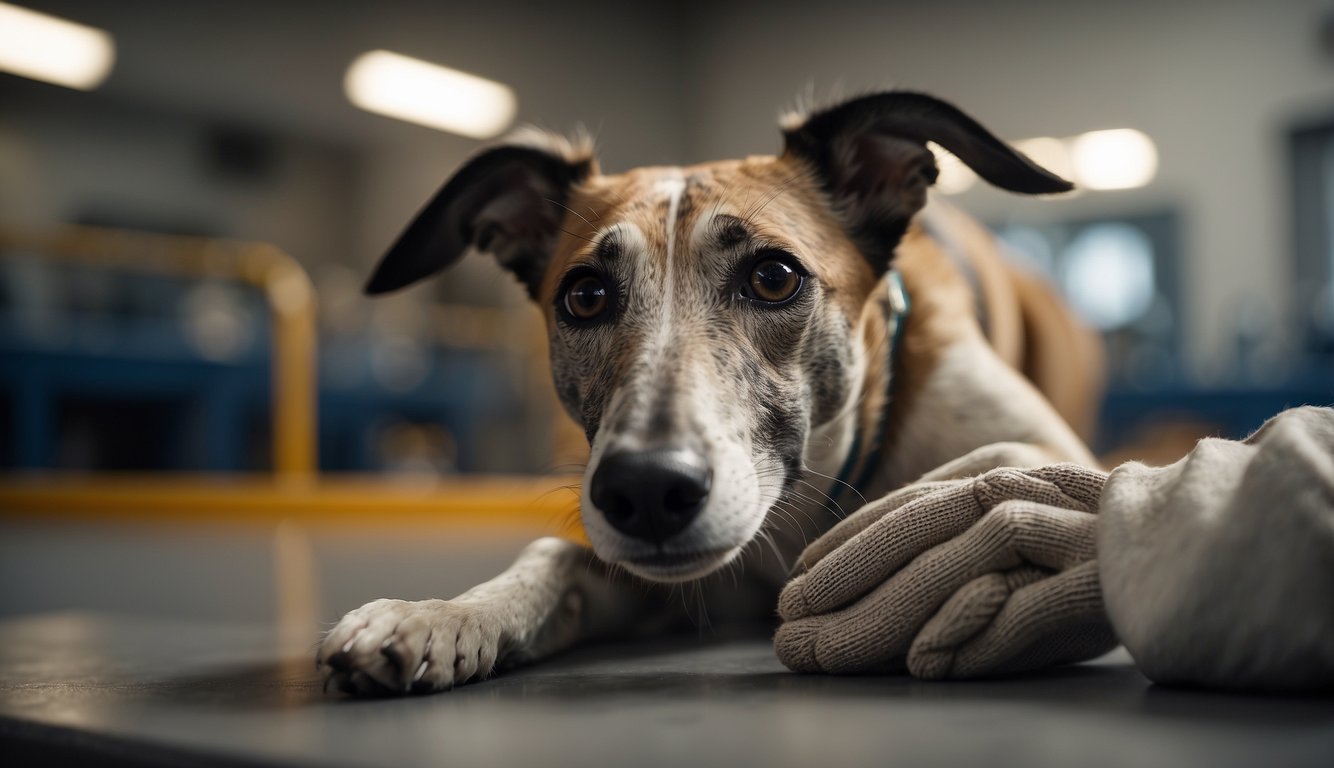 A greyhound's paws are being gently inspected and cleaned, with a focus on preventing common paw problems. The scene shows careful maintenance and attention to detail