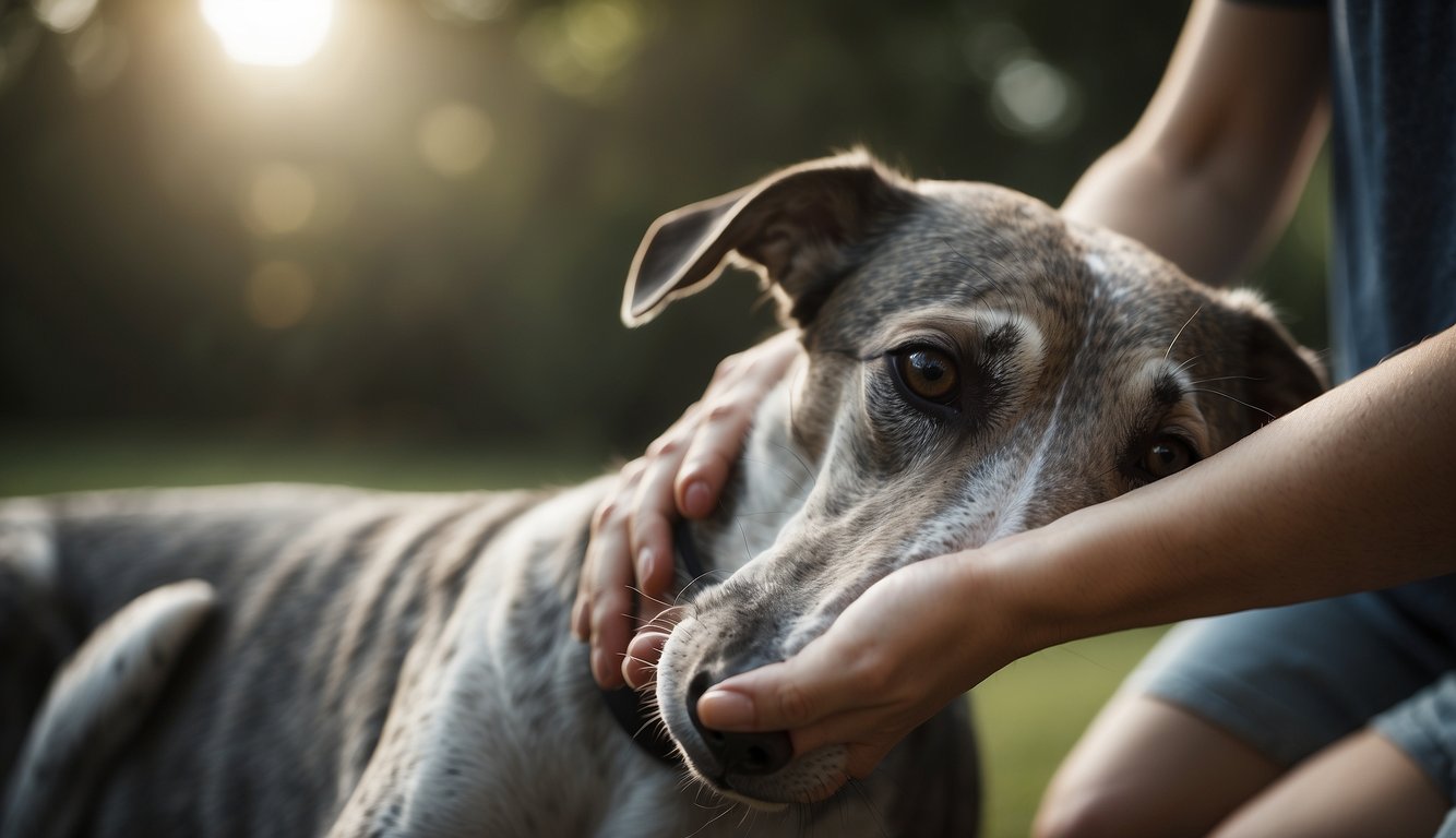 A greyhound's paws being gently massaged and moisturized by a caring hand