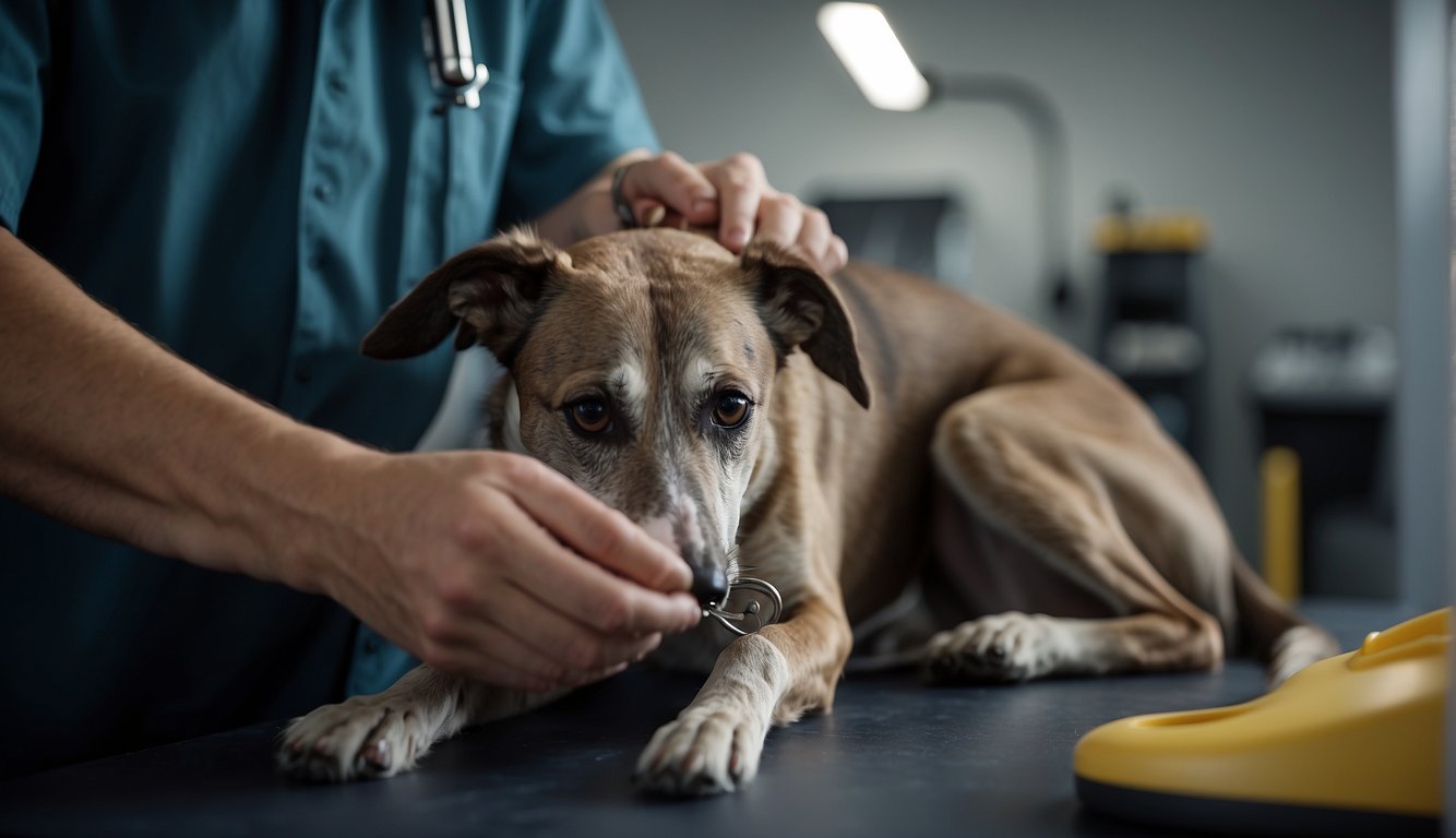 A greyhound's paws are being carefully inspected and groomed by a veterinarian. The dog's nails are being trimmed and its paw pads are being checked for any signs of injury or irritation