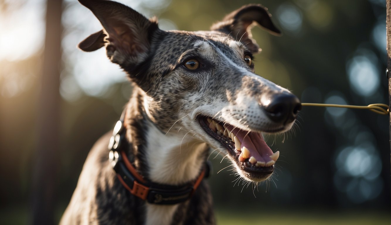 A greyhound fixates on a mechanical lure, ears perked, muscles taut. Its eyes lock onto the target, ready to sprint