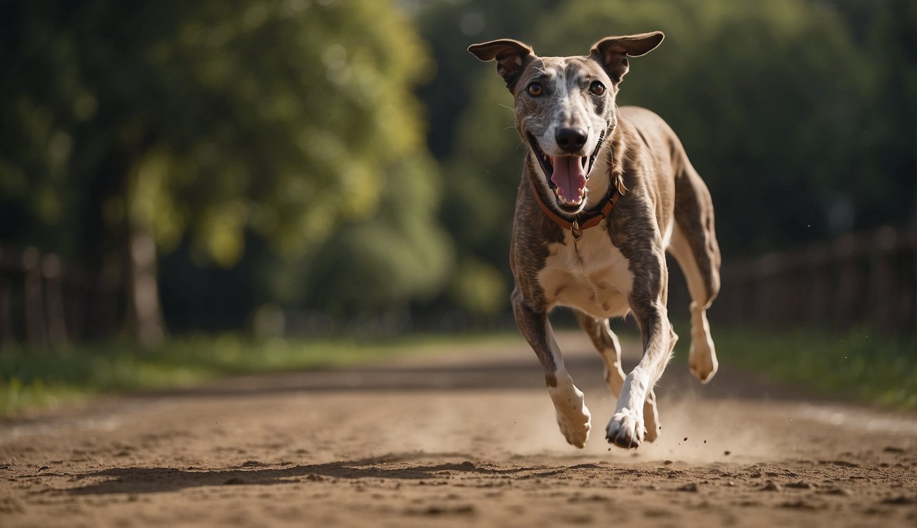 A greyhound fixates on a running rabbit, ears forward and muscles tense. Its body leans forward, ready to sprint