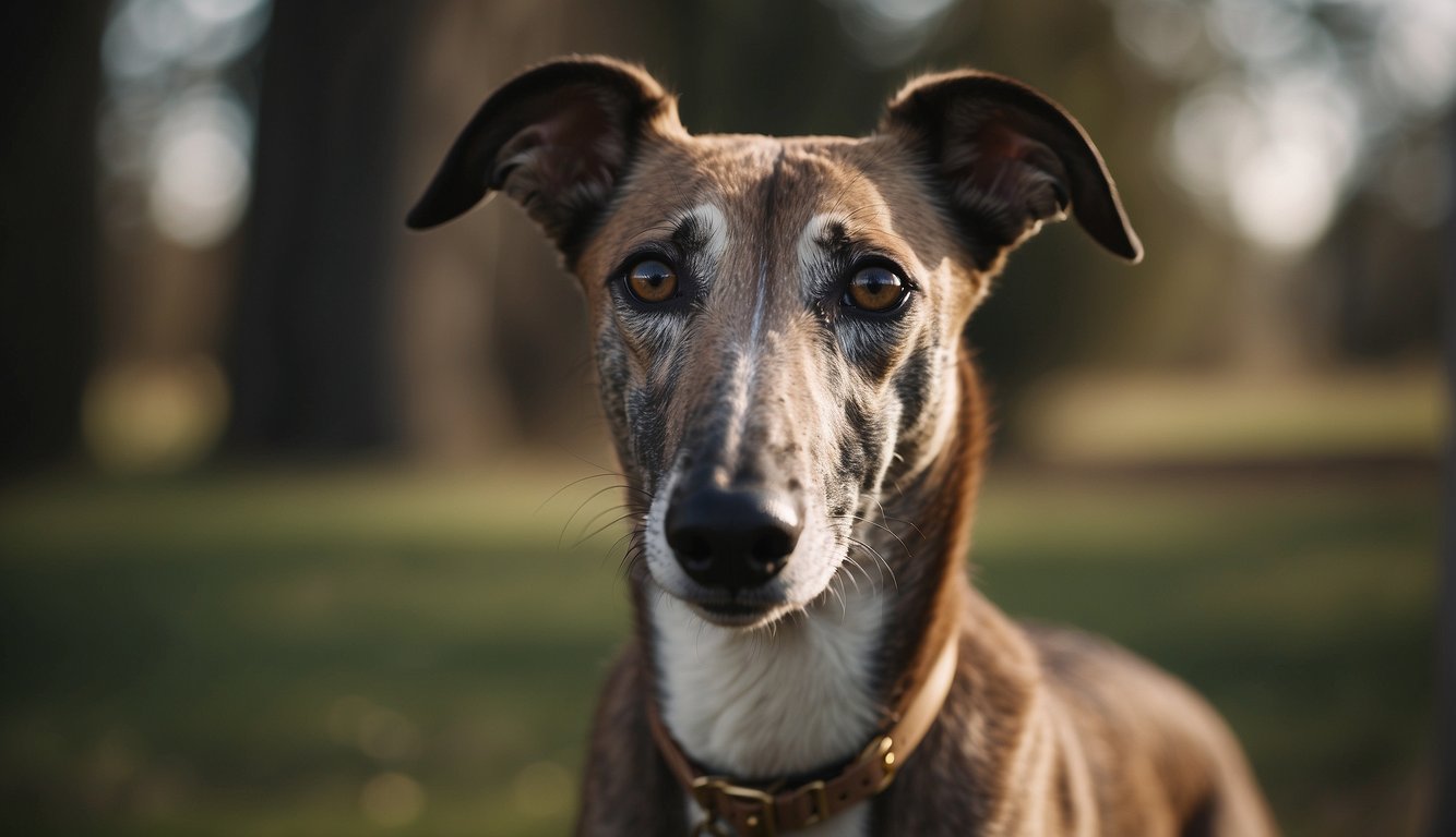 A greyhound stands alert, ears perked, eyes focused, and body tense, demonstrating prey drive control