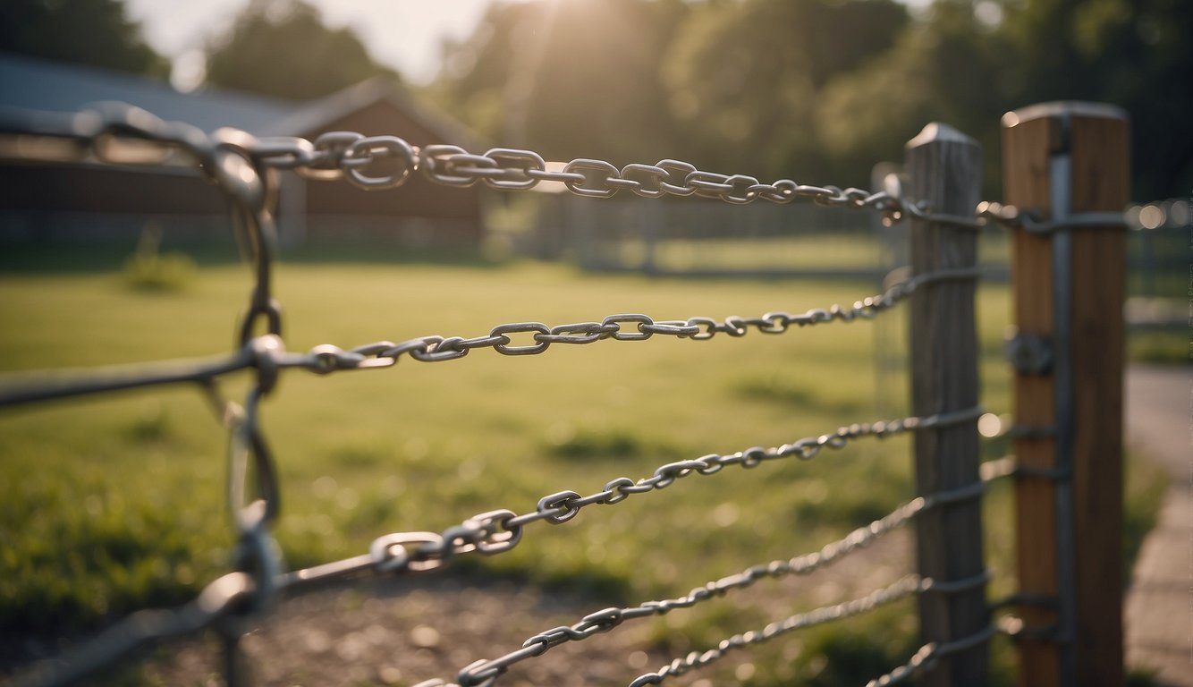 A sturdy fence encloses a spacious yard, with warning signs posted. A leash and collar hang on a hook by the gate