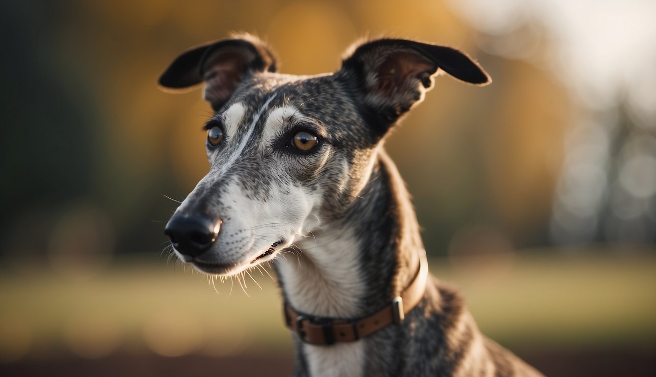 A greyhound stands alert, ears perked and eyes focused on a distant target. Its body tenses, ready to sprint at any moment