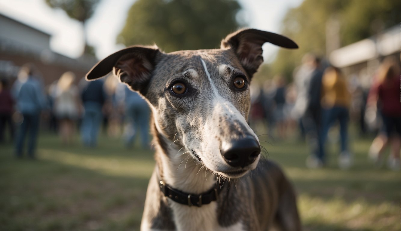 A greyhound walks confidently through a crowded area, displaying calm and relaxed body language. Its ears are perked up, and its tail is wagging gently