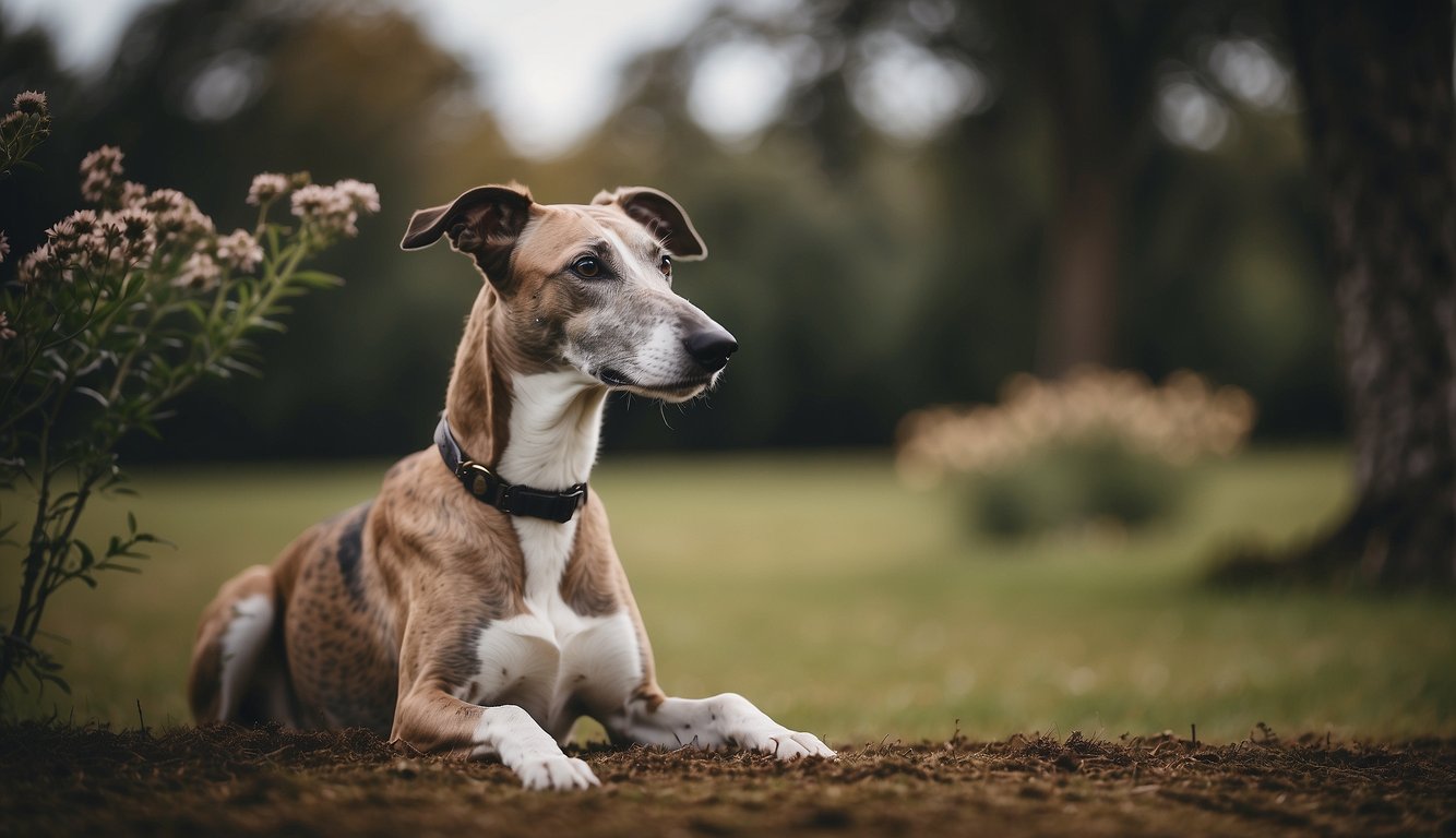 A greyhound sits calmly in a quiet, open space with minimal visual and auditory stimulation, surrounded by familiar objects and comforting scents