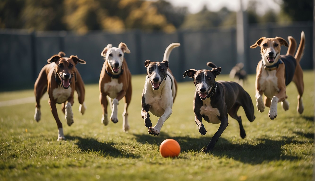 A group of greyhounds exercising in a fenced-in yard, chasing after toys and running through agility obstacles. Their owner is supervising and providing healthy treats