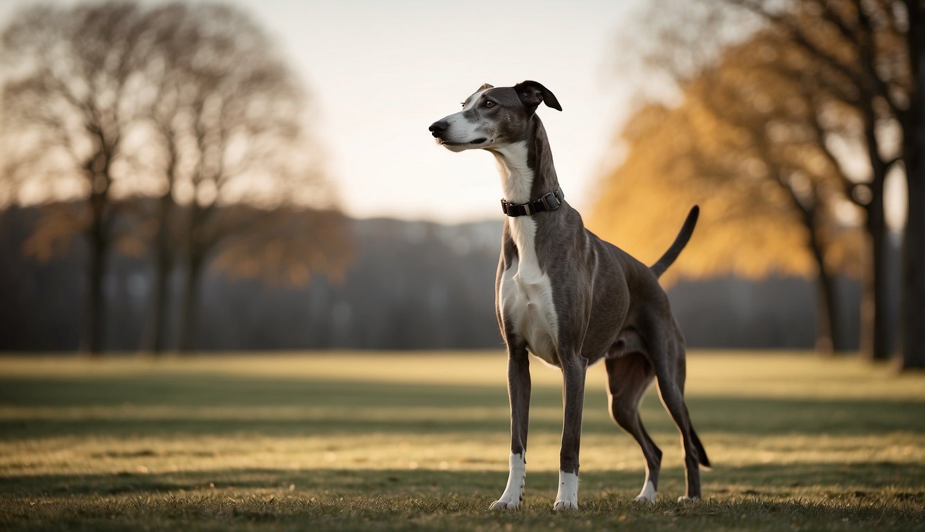 A sleek greyhound stands tall, with a slender body and long legs. Its chest is deep, and its muscles are well-defined. The dog's coat is glossy and smooth, showcasing its overall healthy physique