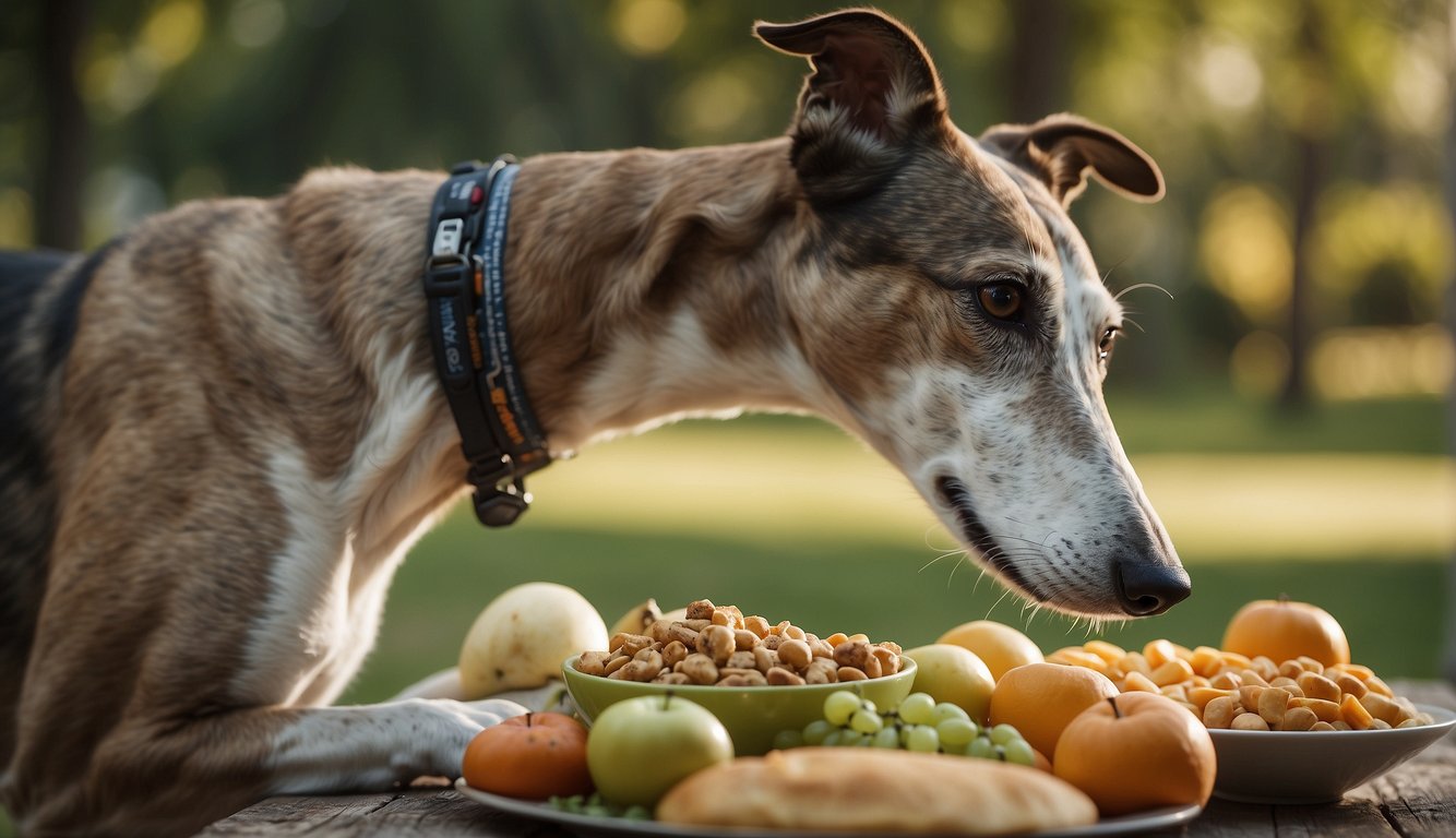 A greyhound eating a balanced meal, surrounded by healthy food and water, while engaging in regular exercise to prevent obesity