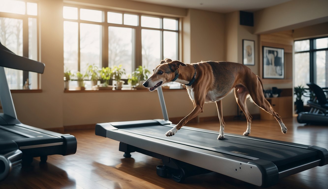 A greyhound running on a treadmill, surrounded by healthy food and water, with a veterinarian monitoring its progress