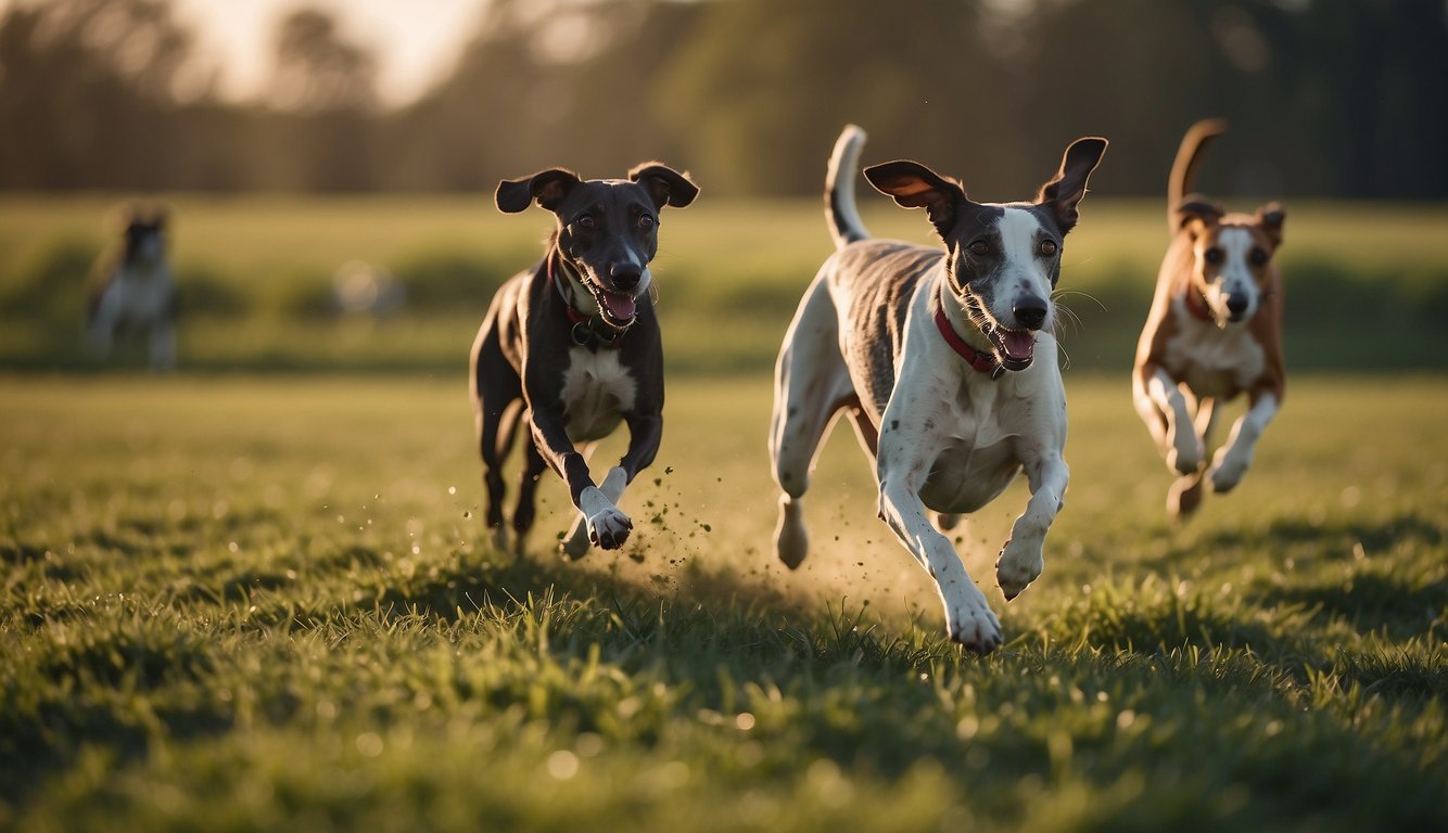 Greyhounds running and playing in a spacious, green field, with obstacles for agility training and toys for active play