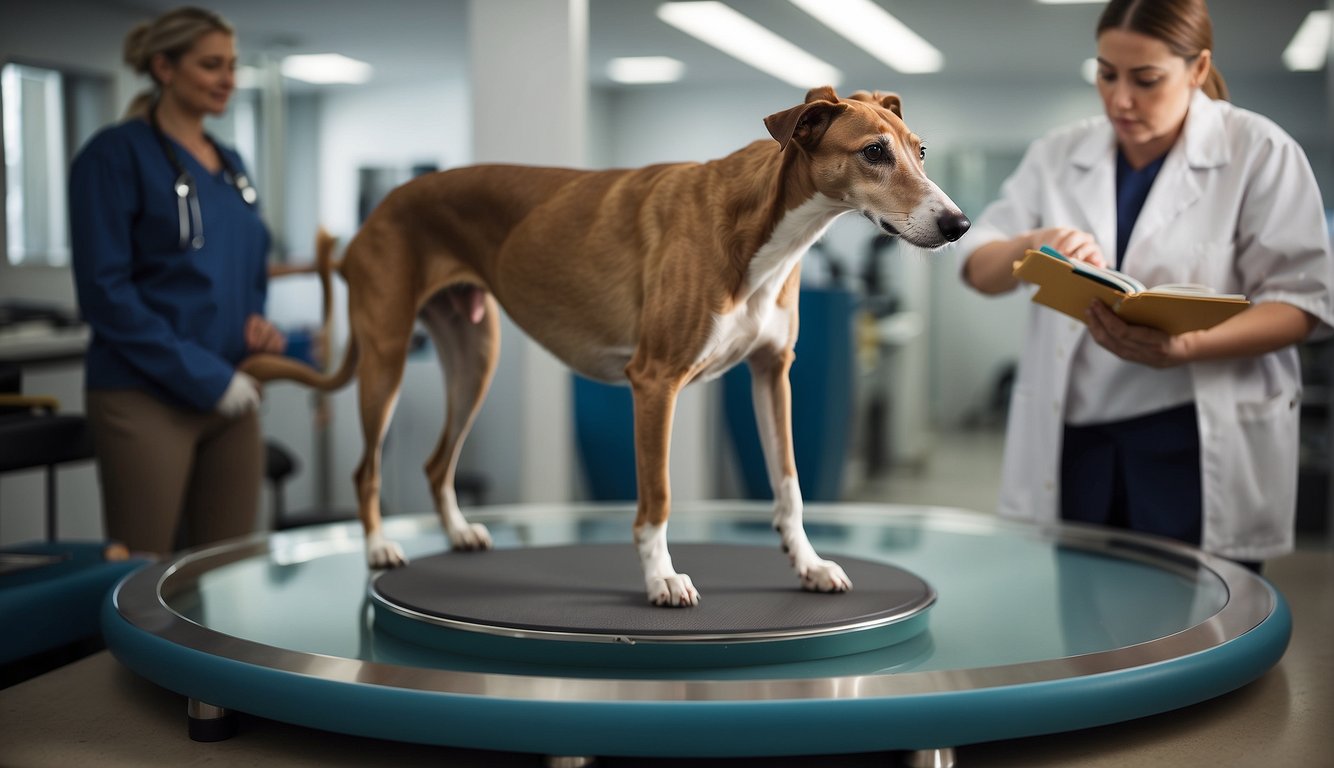 A greyhound stands on a scale while a veterinarian measures its weight. Nearby, a chart shows healthy weight ranges for greyhounds