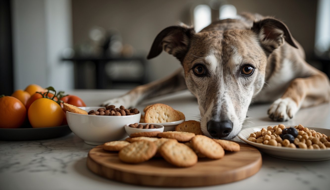 A greyhound eating a balanced diet with portion control, exercise, and limited treats to prevent obesity