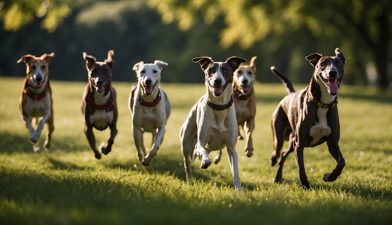 A group of energetic greyhounds frolic in a spacious, green park. They are surrounded by fresh air and sunlight, with plenty of space to run and play, promoting their mental and physical well-being while preventing obesity