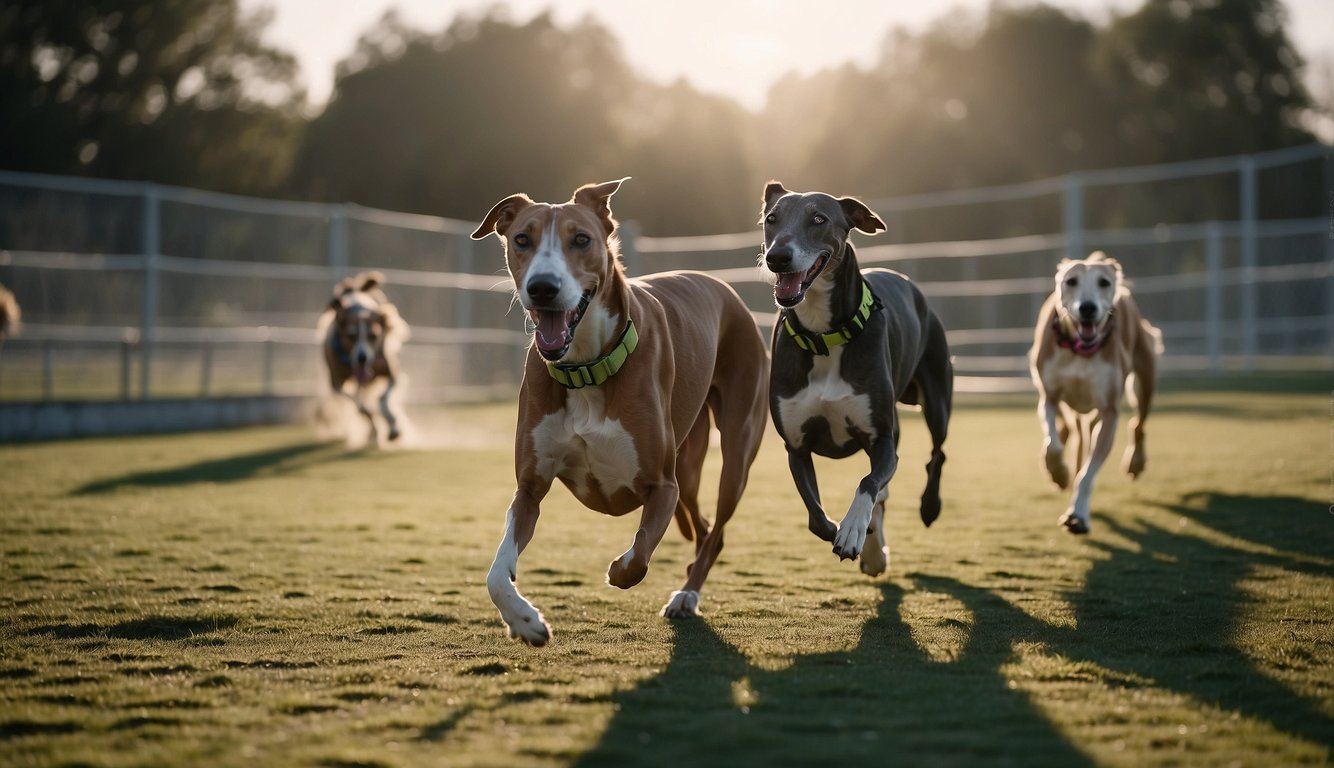 Greyhounds exercising in a spacious, fenced-in area with plenty of room to run. A variety of healthy, low-calorie treats and toys are scattered around to encourage physical activity