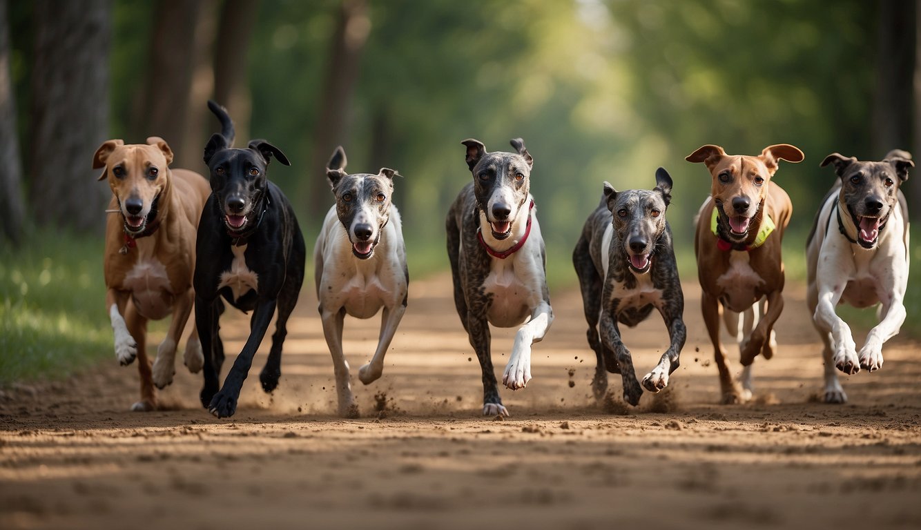 A group of greyhounds engage in various activities, such as running, playing, and eating a balanced diet, to prevent obesity