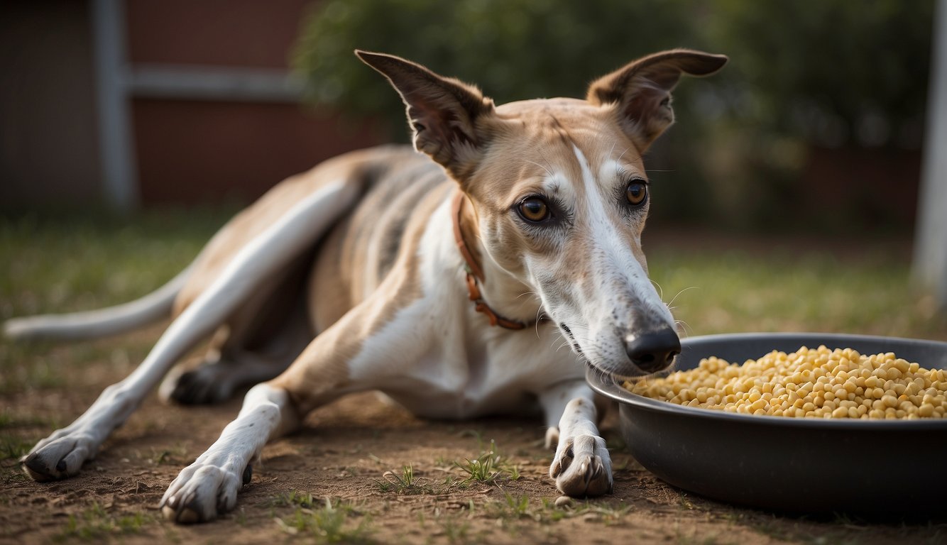 A greyhound lying down with a bloated abdomen, showing signs of discomfort. Another greyhound standing nearby with a raised food bowl and elevated feeding platform