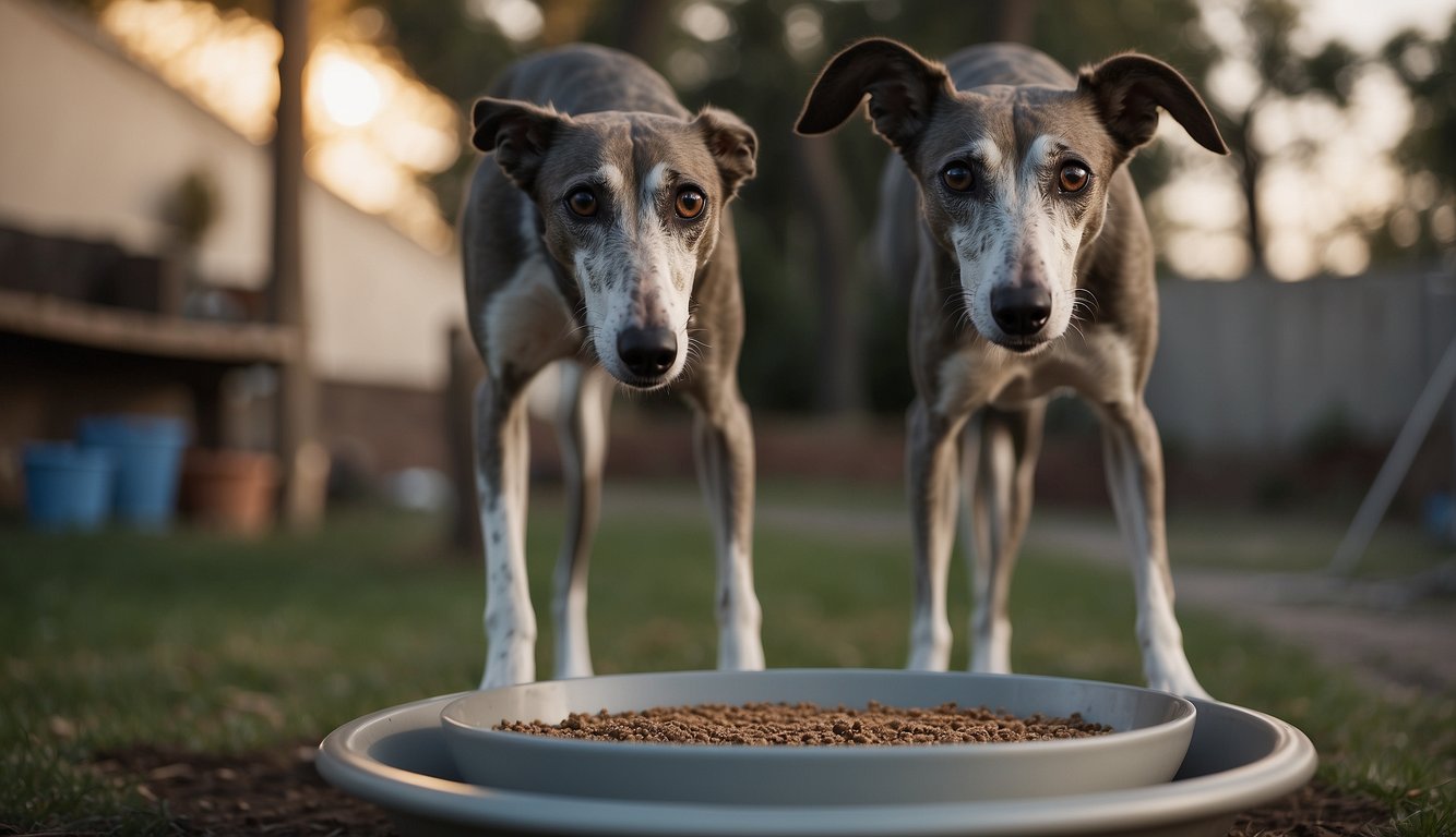 A greyhound stands alert, with a slightly distended abdomen. A bowl of water and a raised feeding station are nearby. The dog's body language shows discomfort