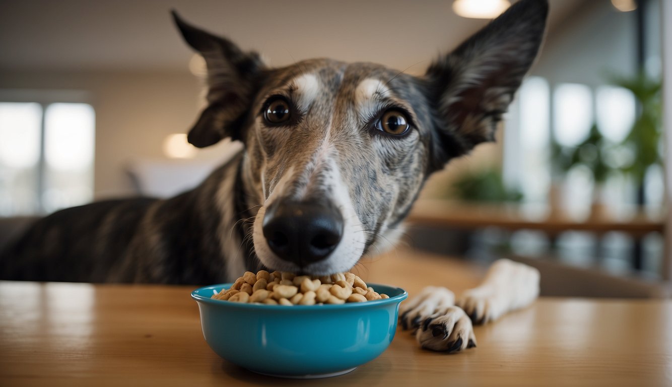 A greyhound eating slowly from a raised bowl, avoiding exercise after meals, and receiving regular vet check-ups