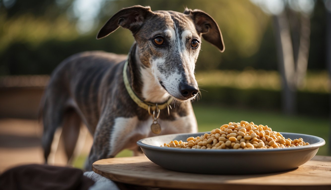 A greyhound eating small, frequent meals from a raised bowl, avoiding exercise after eating, and not drinking too much water at once