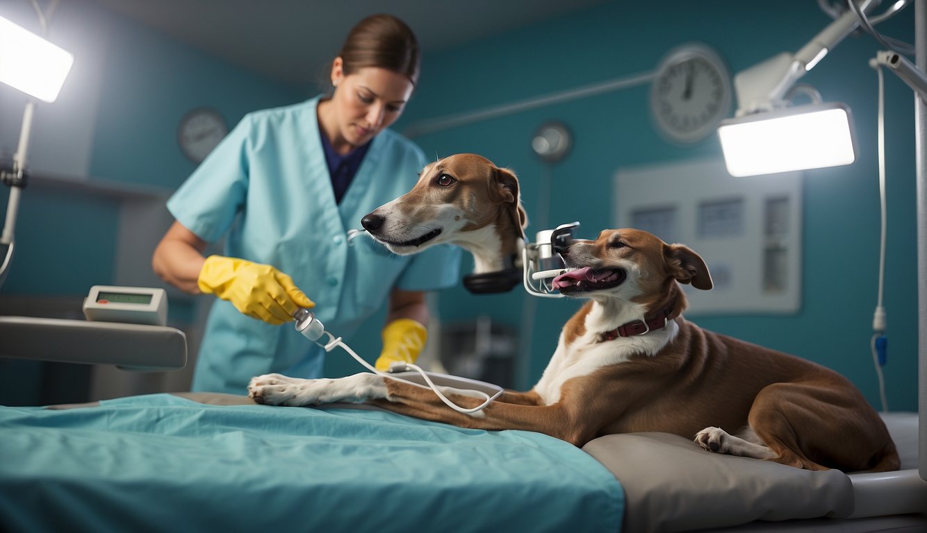 Greyhound receiving emergency treatment for bloat: vet administering medication, monitoring vital signs, and performing emergency surgery if necessary