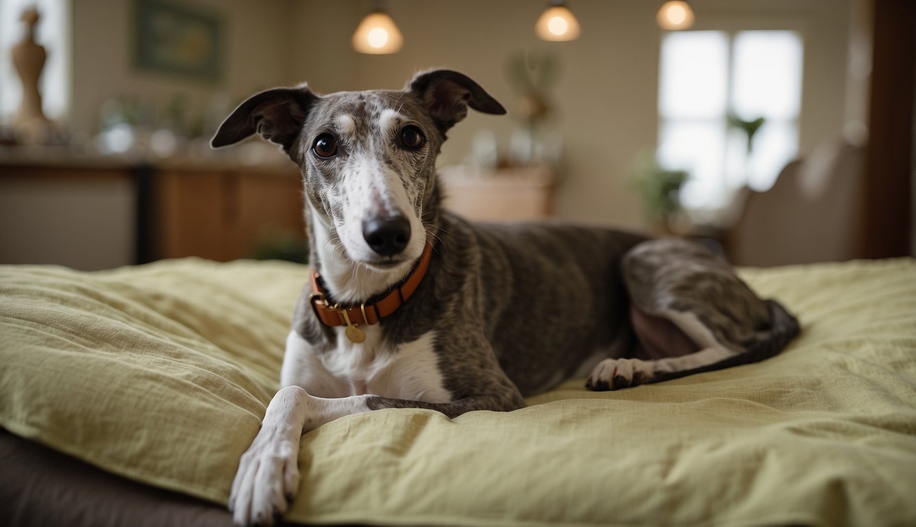 A greyhound lies comfortably on a soft bed, with a raised food bowl nearby. A veterinarian administers medication, while a water bowl and toys are within reach