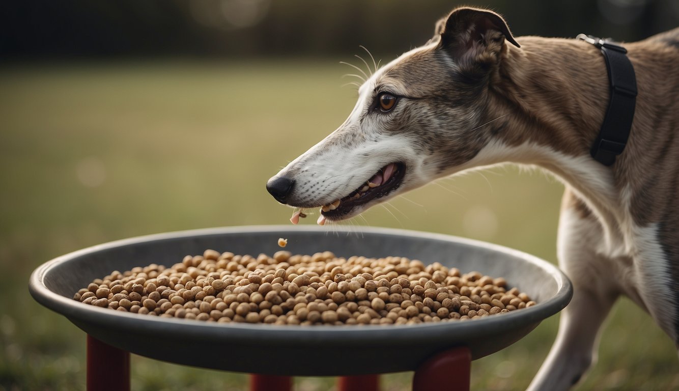 A greyhound eating small, frequent meals from a raised feeder, avoiding exercise after eating, and having access to fresh water at all times