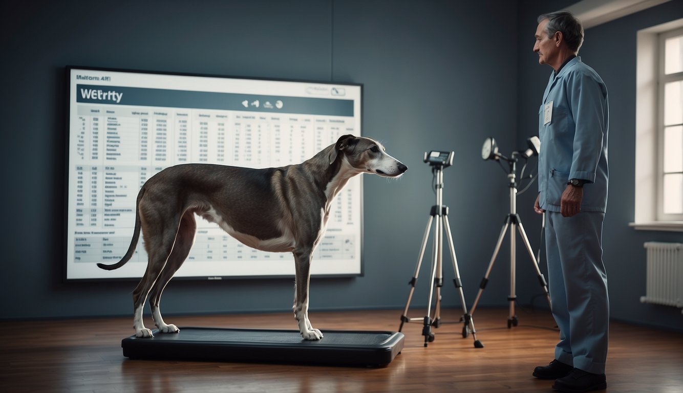 A sleek greyhound stands on a scale, with a vet monitoring its weight. A chart on the wall shows healthy weight ranges