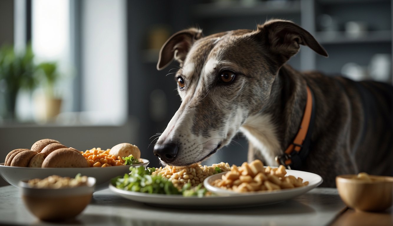 A sleek greyhound eagerly eats a balanced meal, with a focus on lean proteins and controlled portions, as a veterinarian looks on approvingly