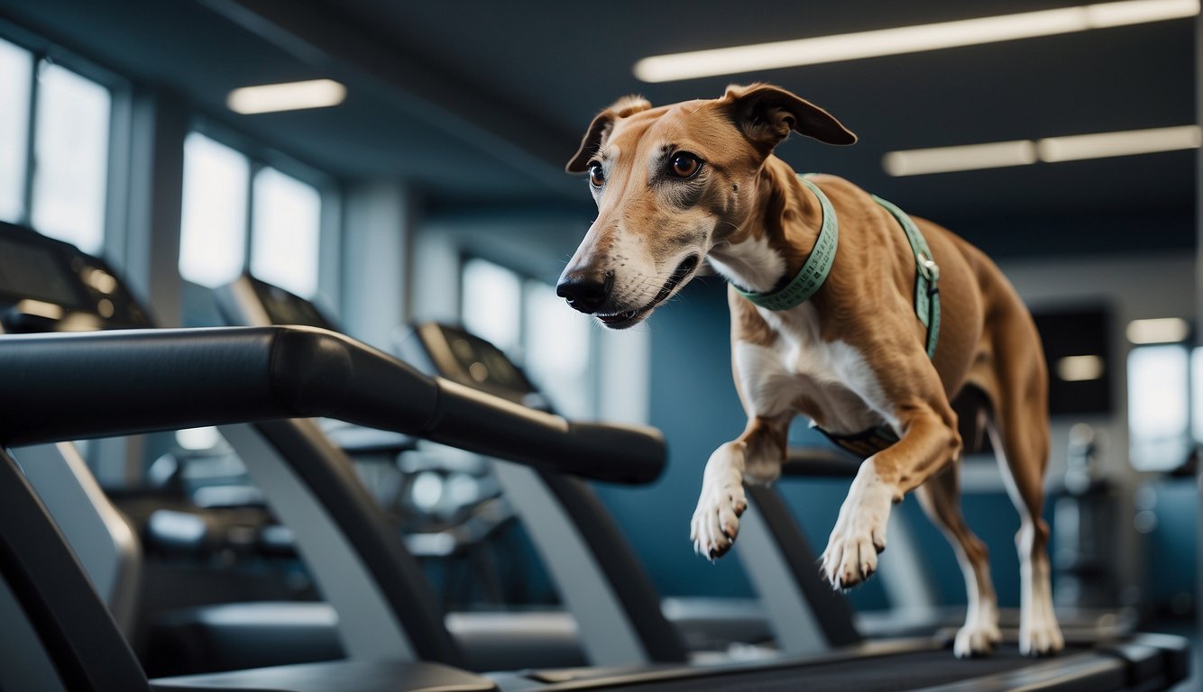 A greyhound running on a treadmill with a balanced diet plan and a measuring tape around its waist