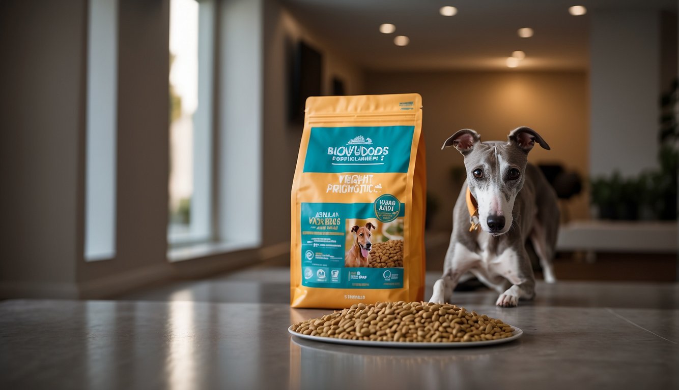 A greyhound stands next to a bag of "Weight Management" dog food, looking healthy and fit. The dog food bag features images of lean, active greyhounds