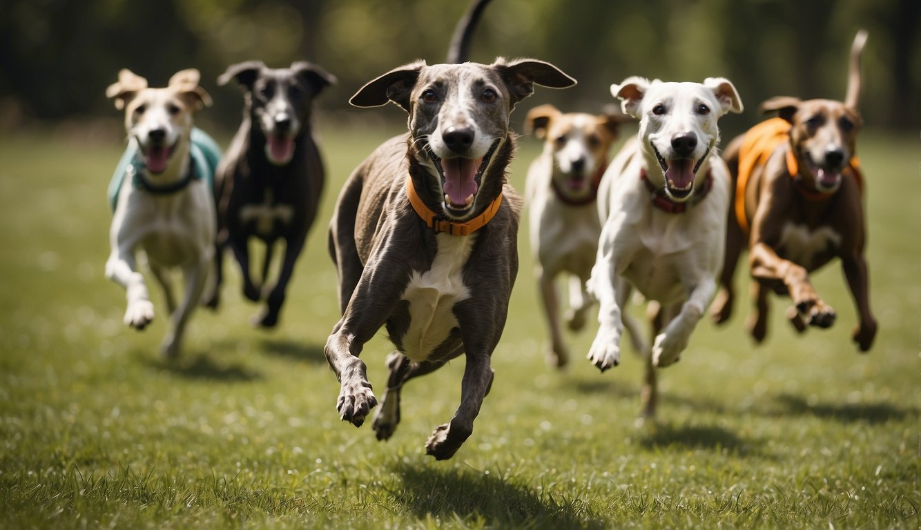 Greyhounds running and playing in a spacious, grassy area. Some are chasing after toys, while others are sprinting around the open space