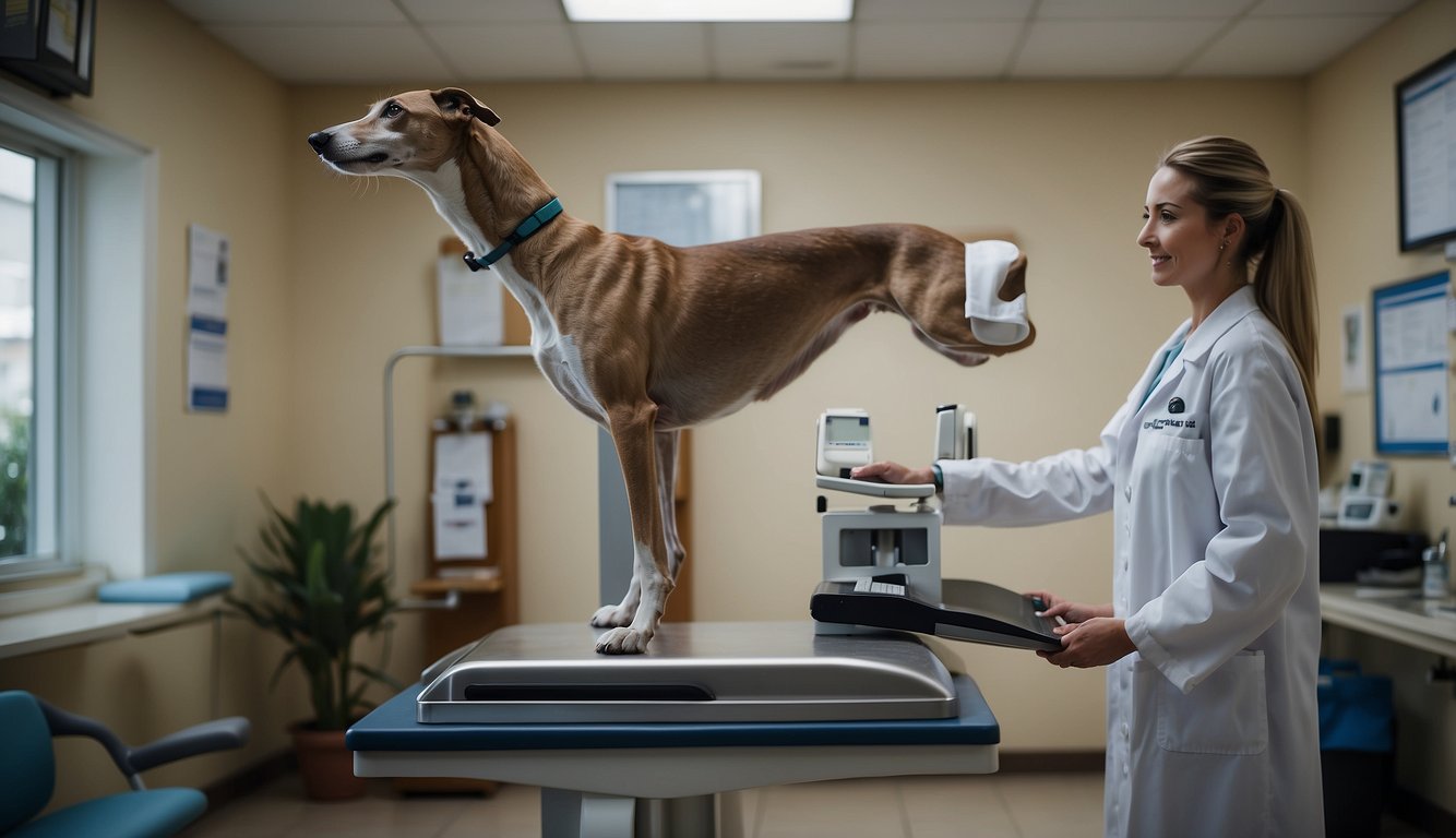 A greyhound stands on a scale at the veterinary clinic while a veterinarian checks its weight. Posters on the wall promote healthy pet care and regular check-ups