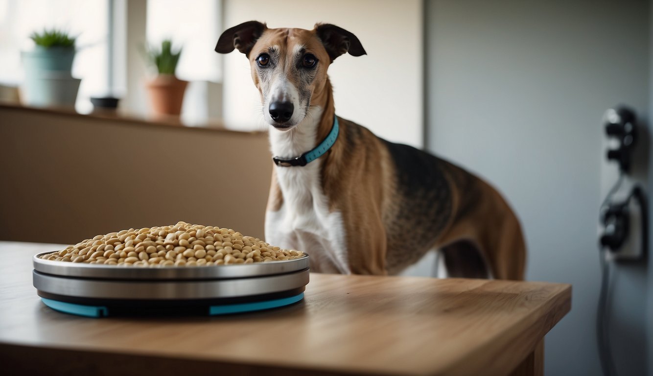 A greyhound standing on a scale, with a bowl of balanced diet and a water dish nearby. A measuring tape and a chart on the wall for tracking weight