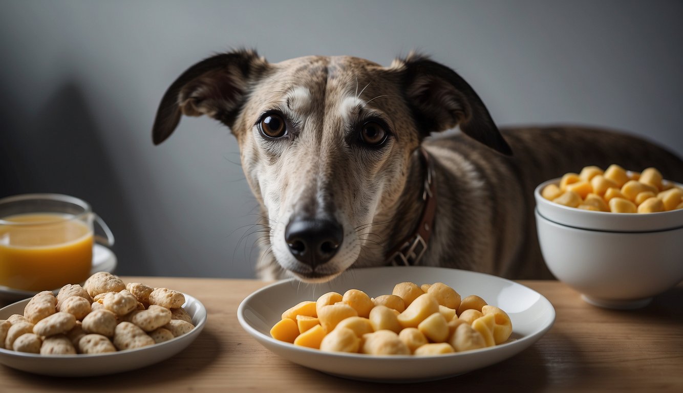 A greyhound stands beside a bowl of food, with a measuring tape wrapped around its sleek body. A chart on the wall displays weight management tips